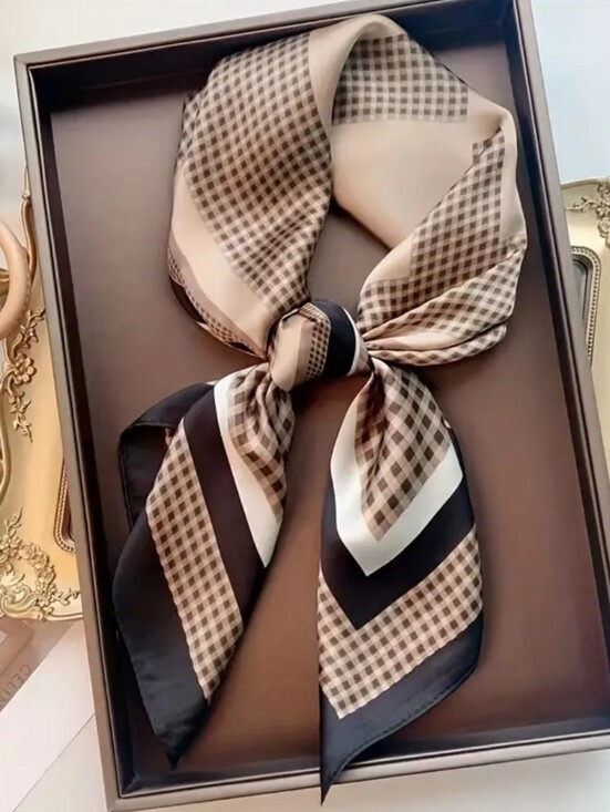 Accessories - Silk-feel  Brown Patterned Scarf - Elegant Women's Head Scarf, Neck Scarf